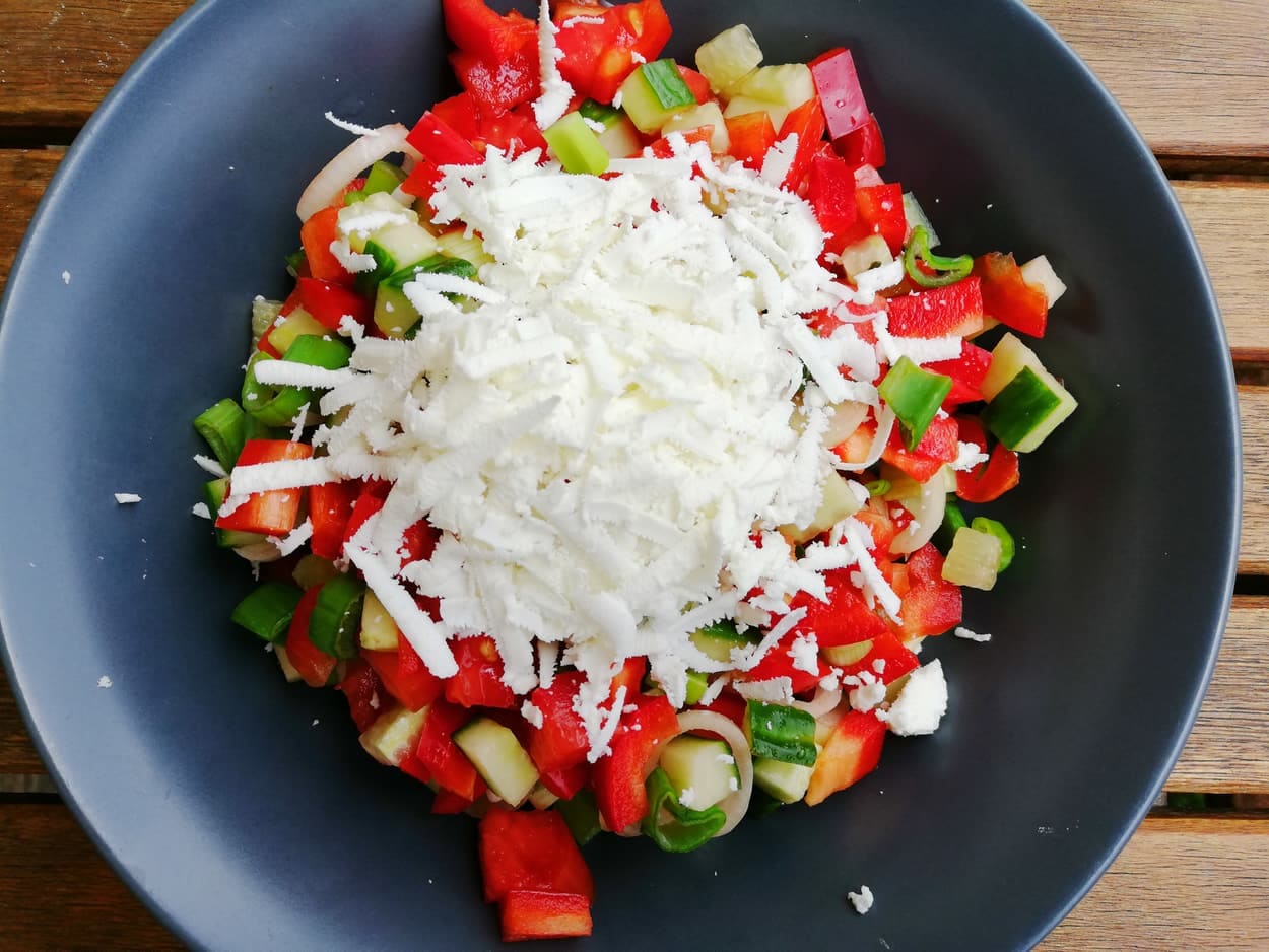 A shopska salad, the classic Bulgarian dish of tomato, cucumber and white cheese