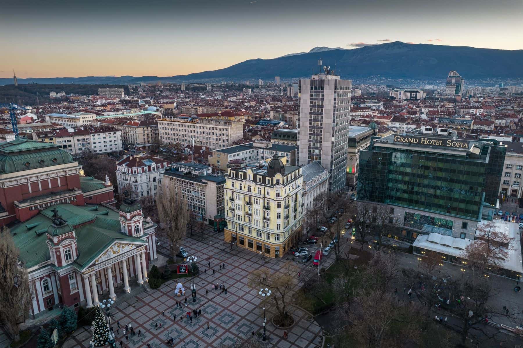 Sofia at sunset, with the city rooftops and Vitosha mountain beyond