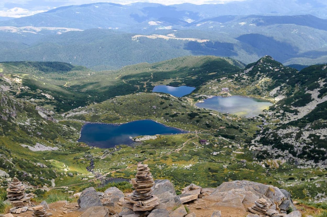 Hikers above the Seven Rila Lakes in the Rila mountains