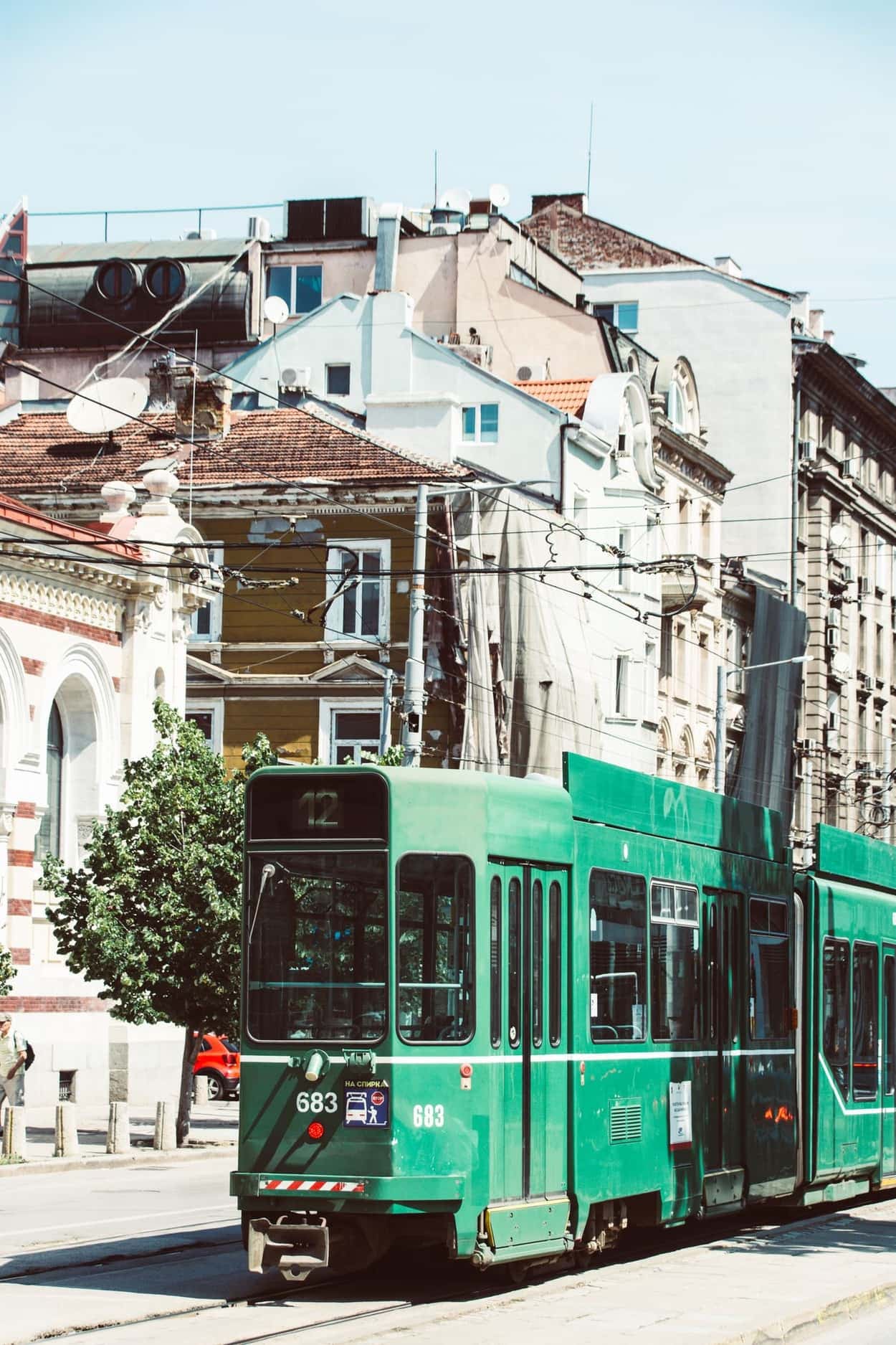 A tram and a lively street scene in Sofia